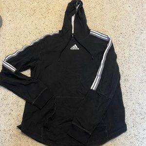 Large Adidas Hoodie; gray and white stripes down arms